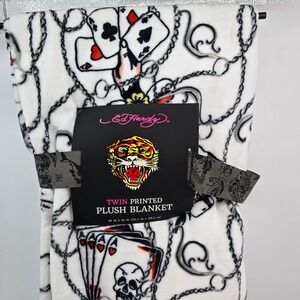 Ed Hardy Twin Printed Plush Blanket White Tattoo Skull Cards Dice 60x90 New